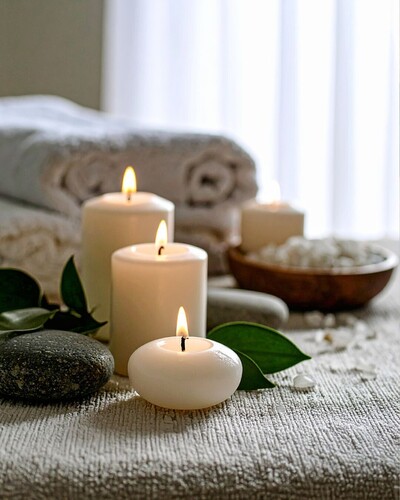 Lit candles and smooth stones